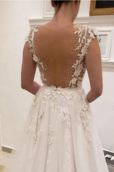 Ivory A-line V-neck Wedding Dresses With Lace Appliques, Bridal Gown